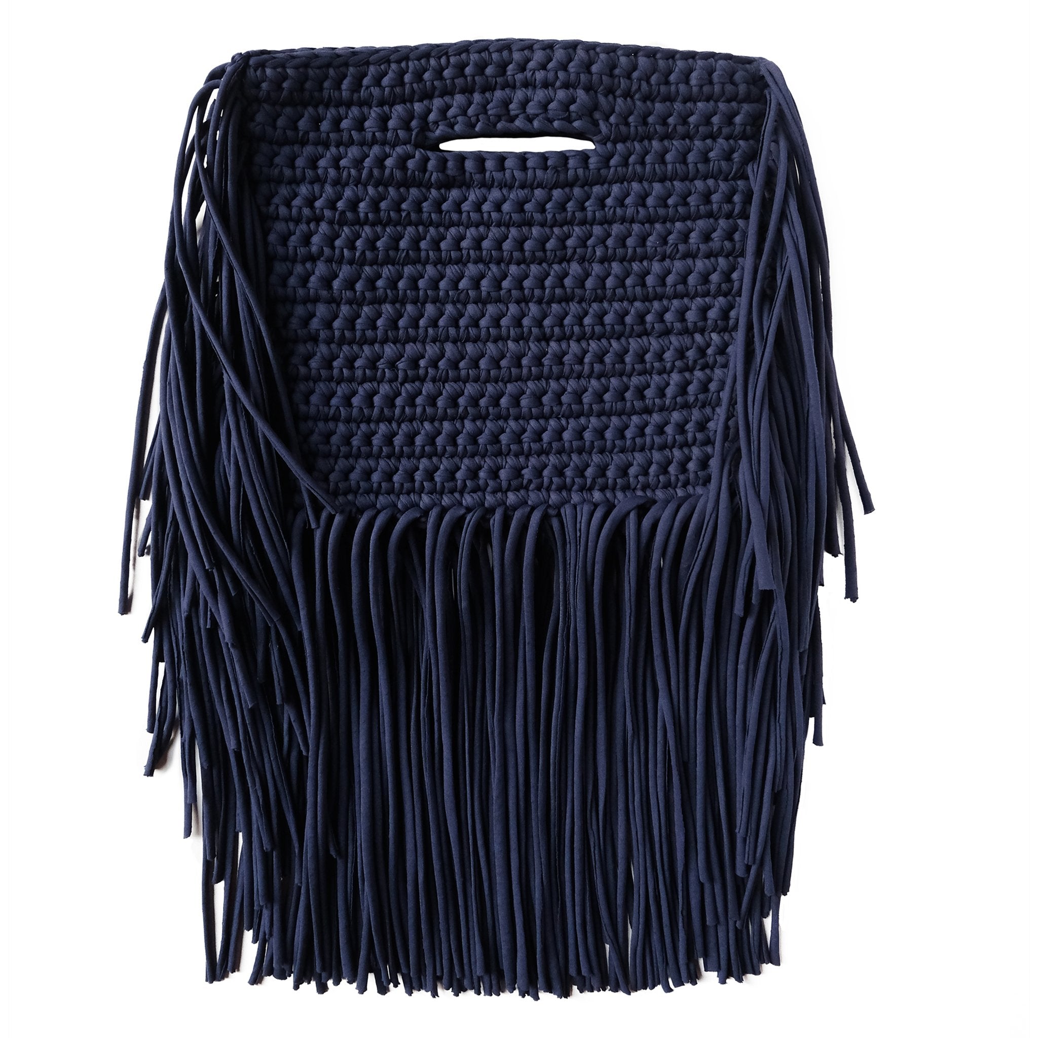 Handcrafted Clutch in Navy with Fringe made from upcycled cotton by Binge Knitting
