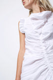 Ruched White Ruffle Dress High Neck Collar Cotton Drawstring White Shirt Dress