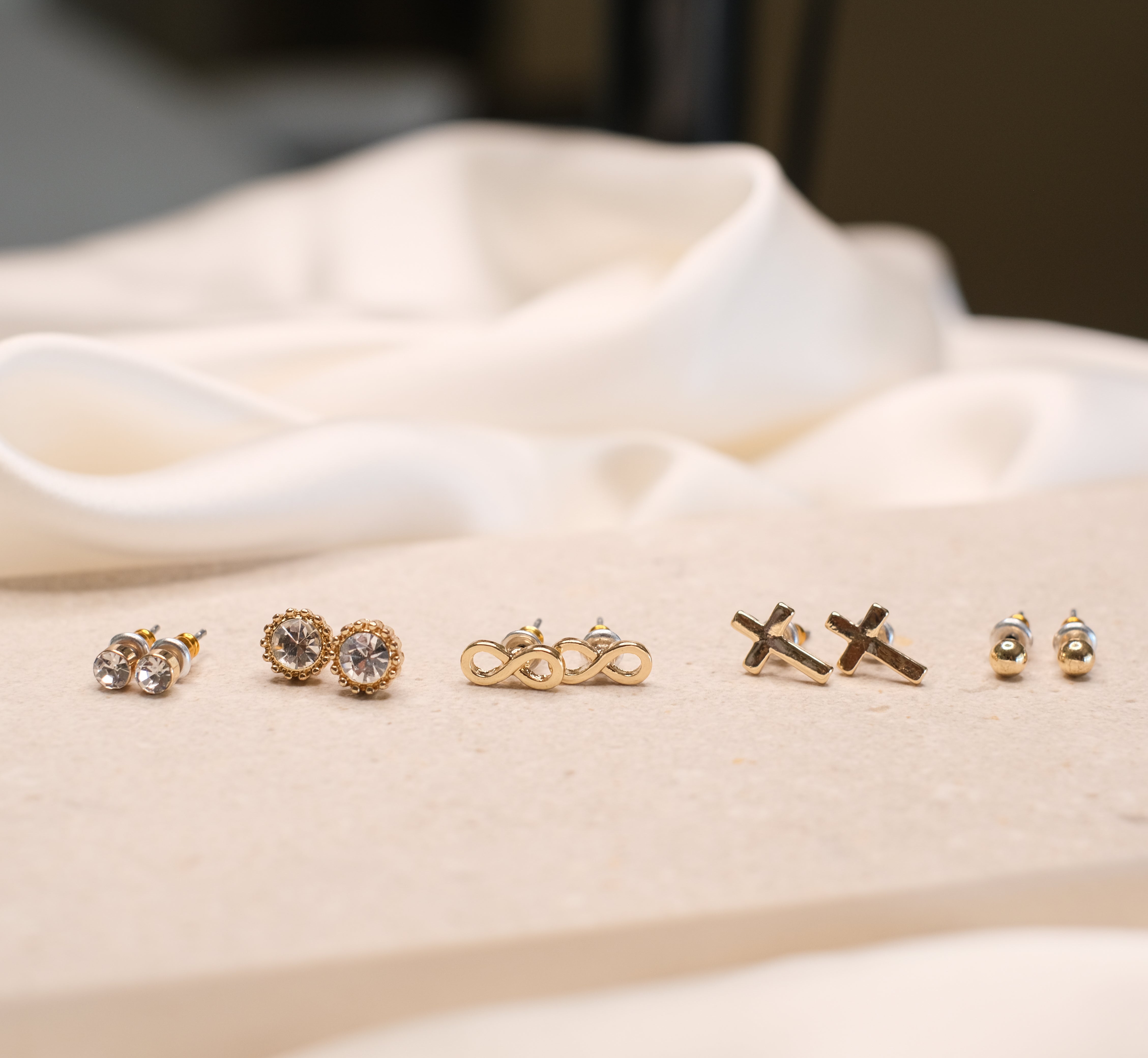 gold stud earring set, cross studs, diamond studs, eternity studs, rhinestone studs