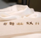 gold stud earring set, cross studs, diamond studs, eternity studs, rhinestone studs