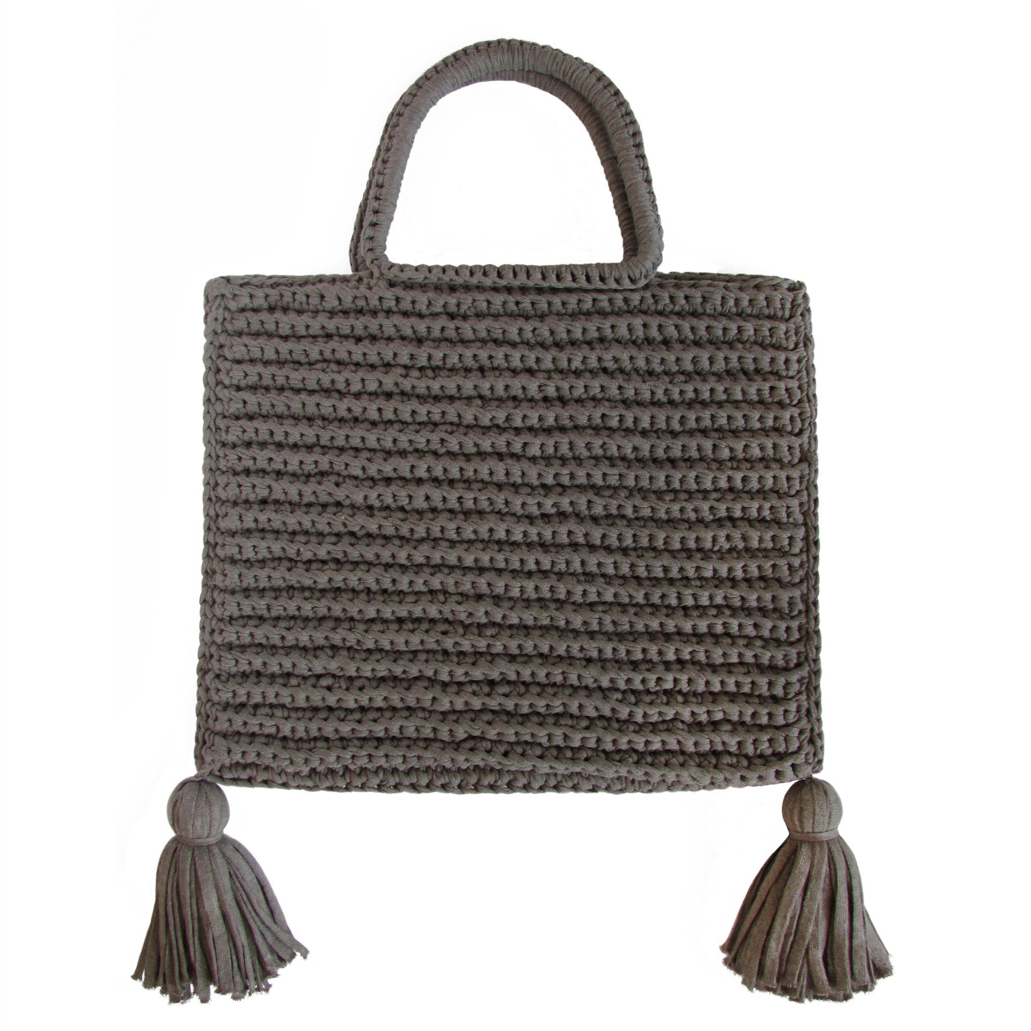Handcrafted Cotton Tassel Tote bag in Taupe by Binge Knitting
