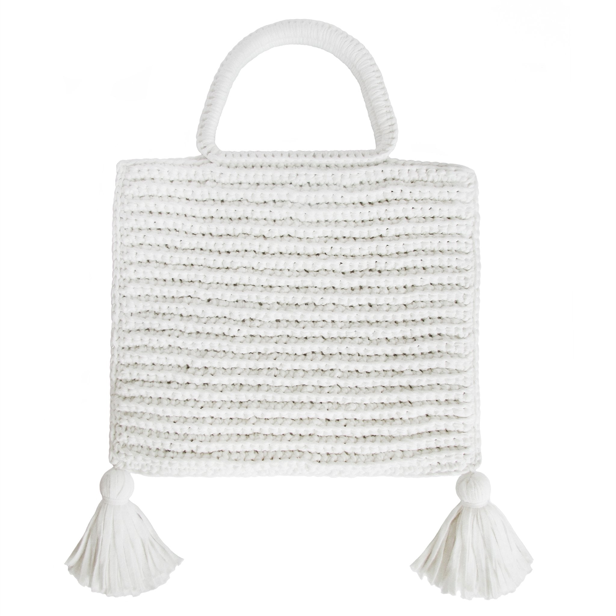 Handcrafted Cotton Tassel Tote bag in White by Binge Knitting