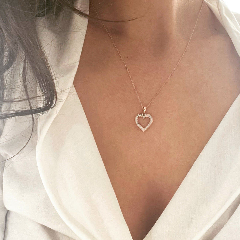 Women's Valentines Day Gift - Rose Gold Diamond Open Heart Necklace Made in USA